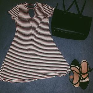 pink black and white striped dress